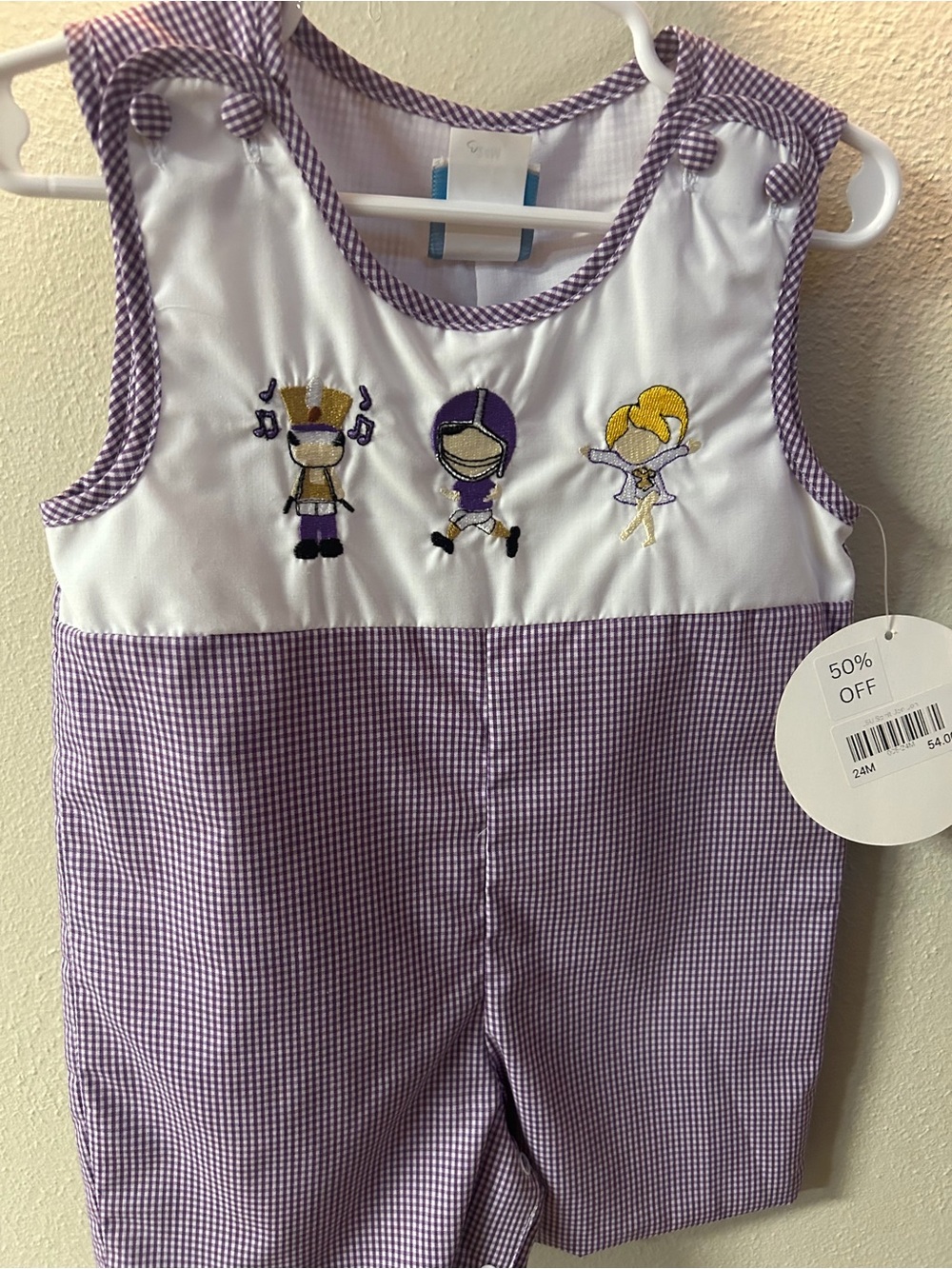 Purple toddler gingham sleeveless football jumper with appliqué design